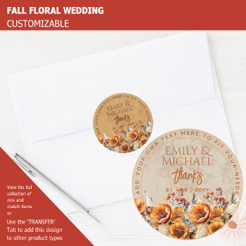 Fall Floral Thank You Favor Gift Envelope Custom   Classic Round Sticker by invitationz at Zazzle