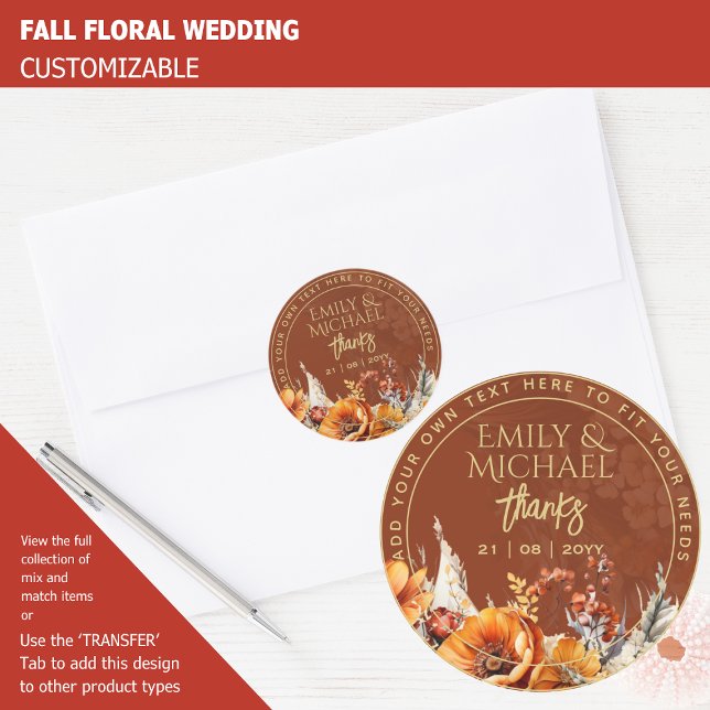 FALL FLORAL THANK YOU FAVOR GIFT ENVELOPE CUSTOM   CLASSIC ROUND STICKER (Creator Uploaded)