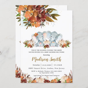 Fall Floral Twins Boy Girl Elephants Baby Shower Invitation