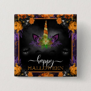 Fall Floral Unicorn Face Happy Halloween Button