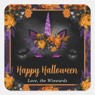 Fall Floral Unicorn Face Happy Halloween Square Sticker