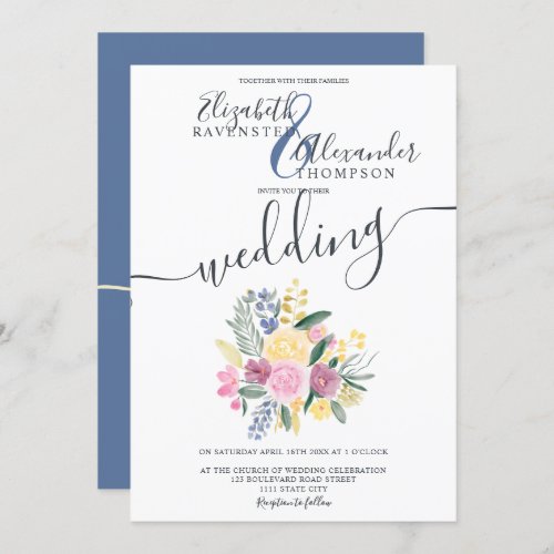 Fall floral watercolor ampersand navy blue wedding invitation