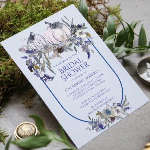 Fall Floral Watercolor Pumpkin Blue Bridal Shower  Invitation