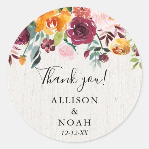 Fall floral watercolor rustic burgundy favor classic round sticker