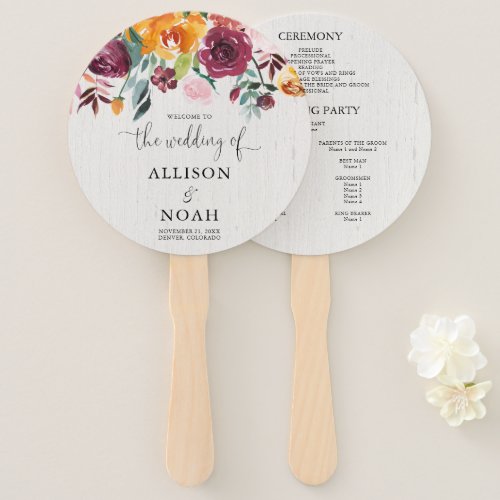 Fall floral watercolor rustic wedding program hand fan