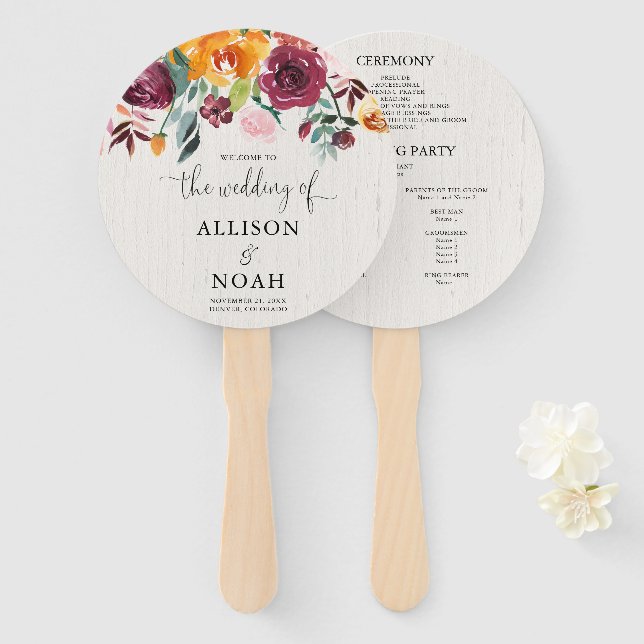 Fall floral watercolor rustic wedding program hand fan (Front and Back)