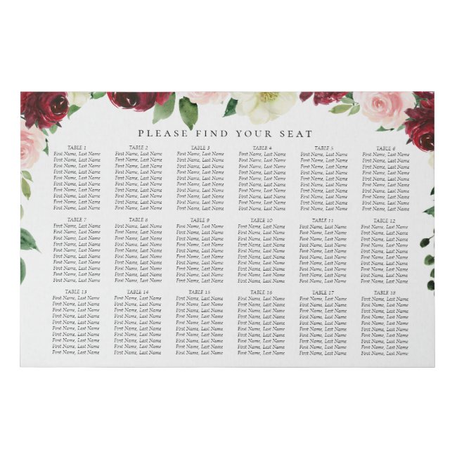 Fall Floral Wedding 18 Table Seating Chart Faux Canvas Print