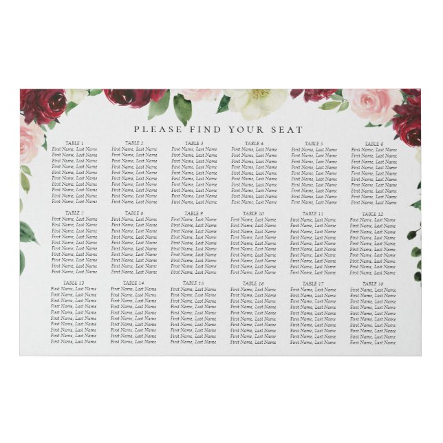 Fall Floral Wedding 18 Table Seating Chart Faux Canvas Print (Front)