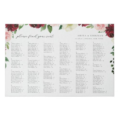 Fall Floral Wedding Alphabetical Seating Chart Faux Canvas Print