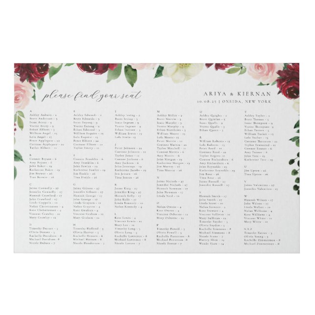 Fall Floral Wedding Alphabetical Seating Chart Faux Canvas Print (Front)