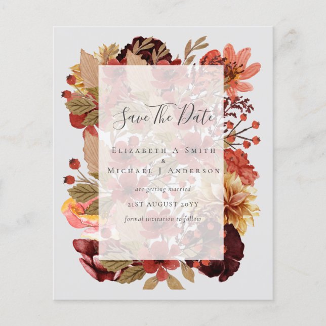 Fall Floral Wedding - Burgundy Orange BUDGET Flyer (Front)