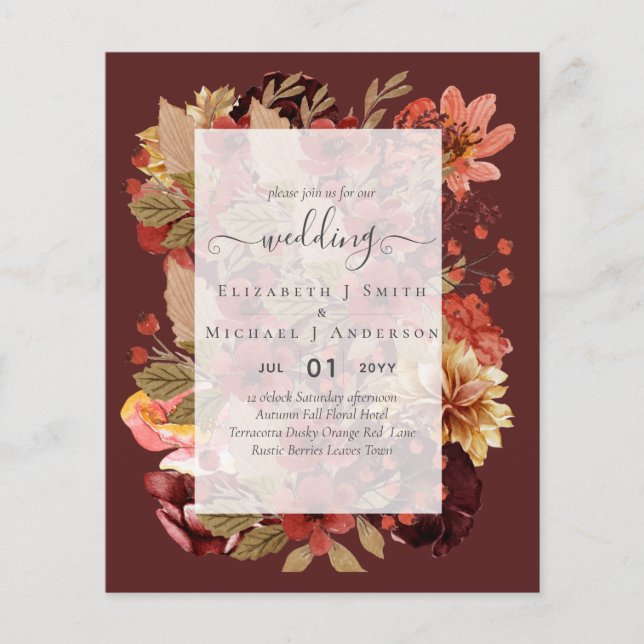 Fall Floral Wedding - Burgundy Orange BUDGET Flyer (Front)
