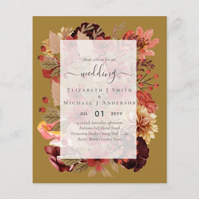 Fall Floral Wedding - Burgundy Orange BUDGET Flyer (Front)