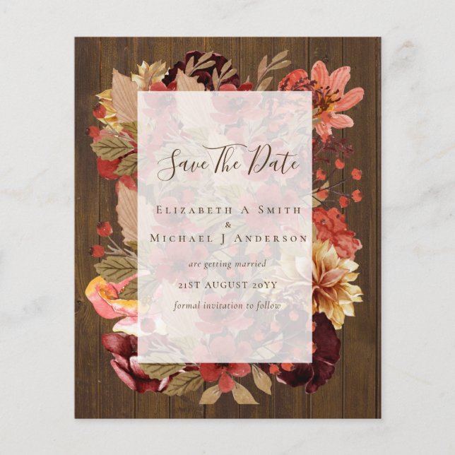 Fall Floral Wedding - Burgundy Orange BUDGET Flyer (Front)