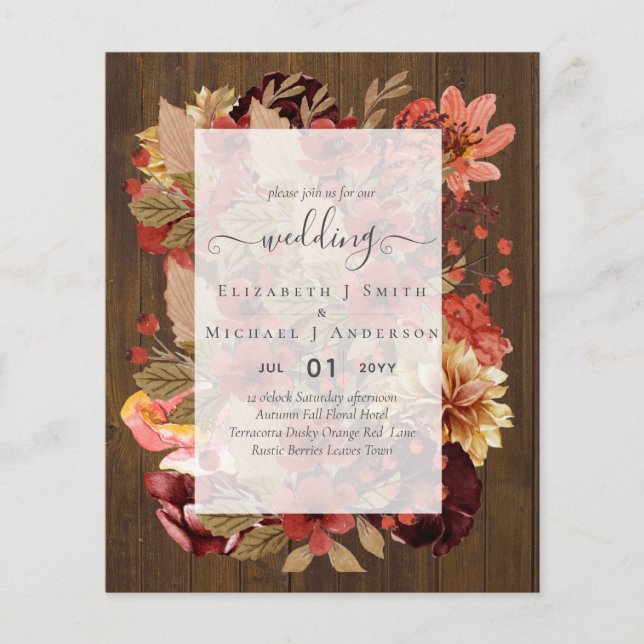 Fall Floral Wedding - Burgundy Orange BUDGET Flyer (Front)