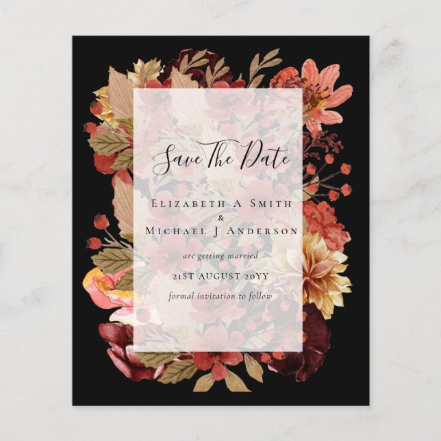 Fall Floral Wedding - Burgundy Orange BUDGET Flyer (Front)