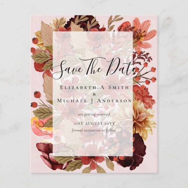 Fall Floral Wedding - Burgundy Orange BUDGET Flyer (Front)