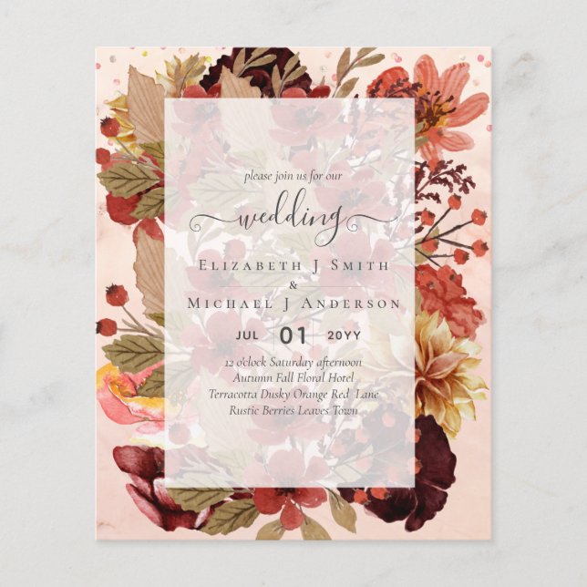 Fall Floral Wedding - Burgundy Orange BUDGET Flyer (Front)