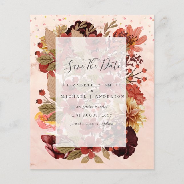 Fall Floral Wedding - Burgundy Orange BUDGET Flyer (Front)