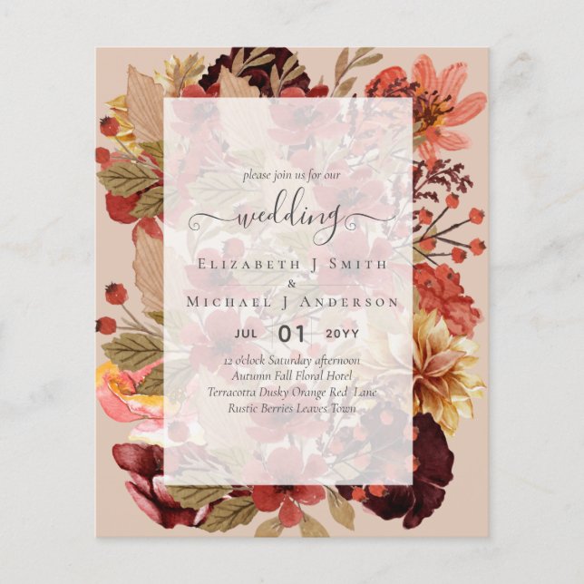 Fall Floral Wedding - Burgundy Orange BUDGET Flyer (Front)