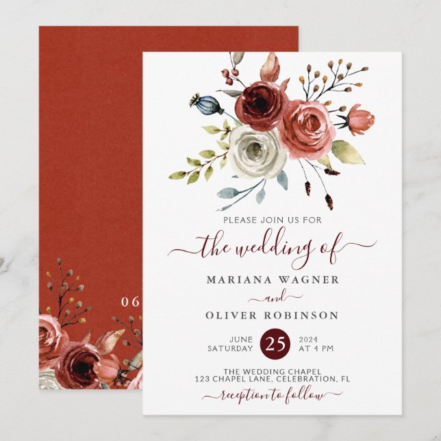 Fall Floral Wedding Invitation (Front/Back)