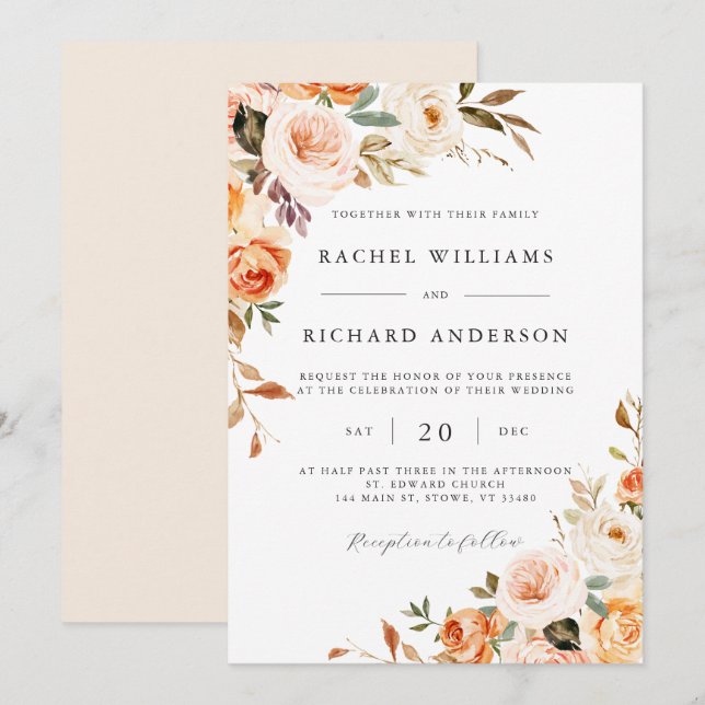 Fall Floral Wedding Invitation Peach Orange Modern (Front/Back)