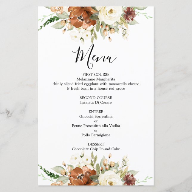 Fall floral wedding Menu Card (Front)