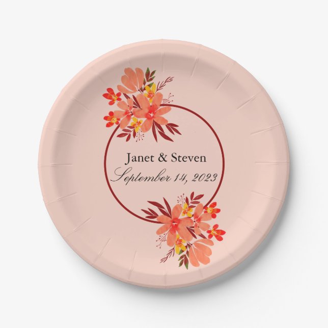 Fall Floral Wedding Orange Gold Brown Paper Plates (Front)