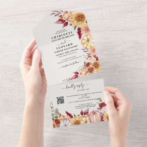 Fall Floral Wedding Qr code Rsvp All In One Invitation