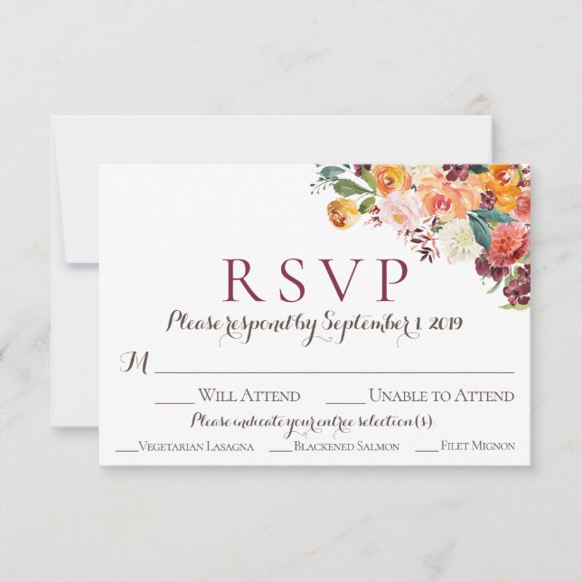 Fall Floral Wedding RSVP Cards with Meal Option (Front)