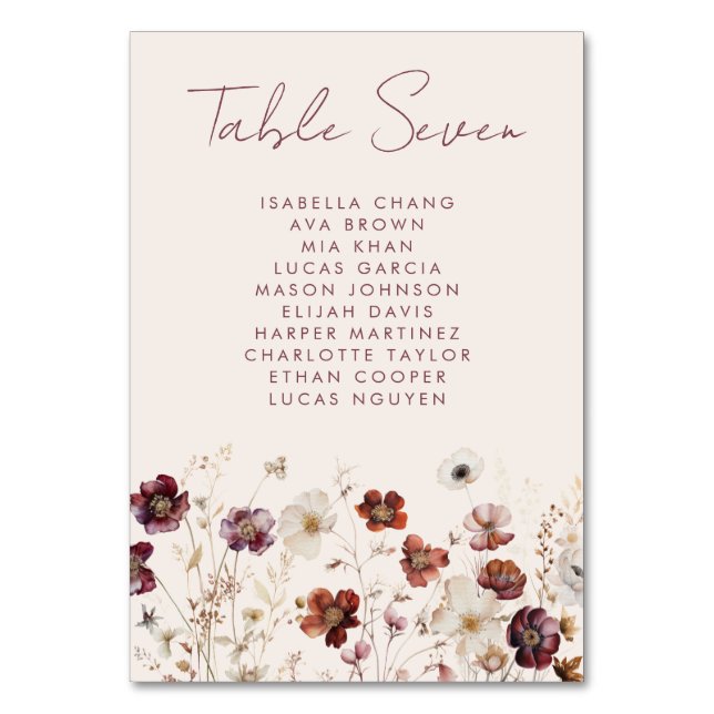 Fall Floral Wedding  Table Number (Front)