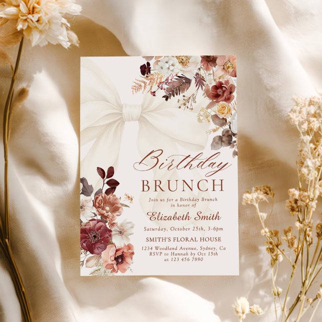 Fall Floral White Bow Birthday Brunch Invitation (Creator Uploaded)