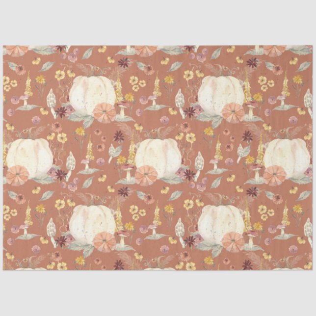 Fall Floral White Pumpkin Mushroom Rust Decoupage Tissue Paper (Front)