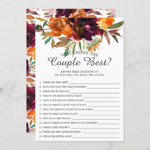 Fall Floral Who Knows the Couple Best Bridal Game Invitation