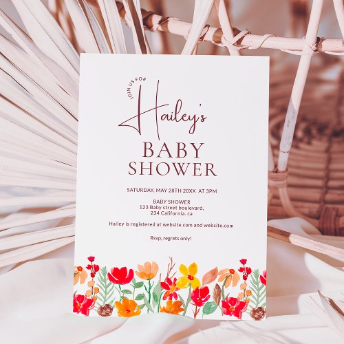 Fall floral wild flowers watercolor Baby shower Invitation