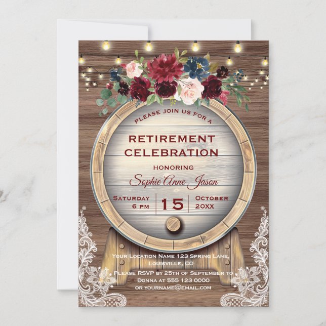 Fall Floral Wine Barrel Vineyard Retirement Party Invitation (Front)