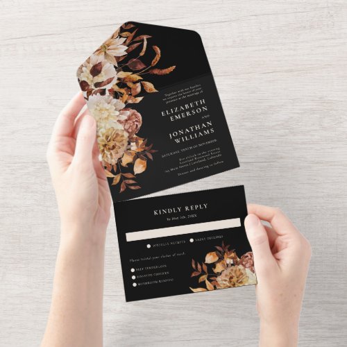 Fall Floral with Meals Wedding All In One Invitation