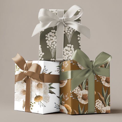 Fall Floral Wrapping Paper Flat Sheet Set of 3