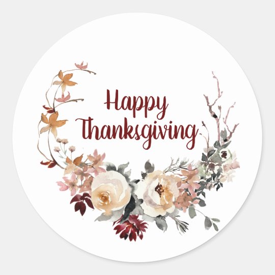 Fall Floral Wreath Happy Thanksgiving Classic Round Sticker | Zazzle.com