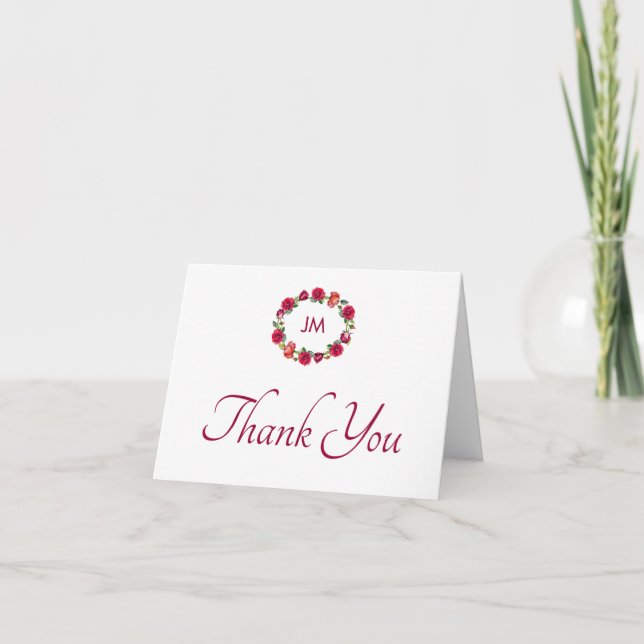 Fall Floral Wreath Monogram Wedding Thank You Card (Front)