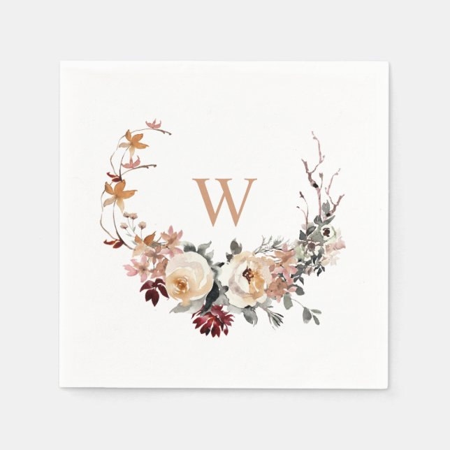 Fall Floral Wreath with Your Monogram Napkins (Front)