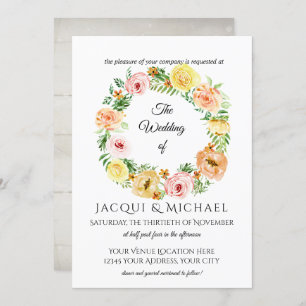 Fall Floral Yellow n Peach Roses w Foliage Wreath Invitation