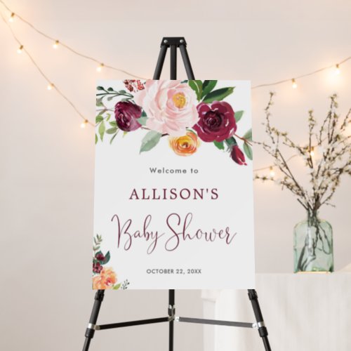 Fall florals burgundy baby shower welcome sign