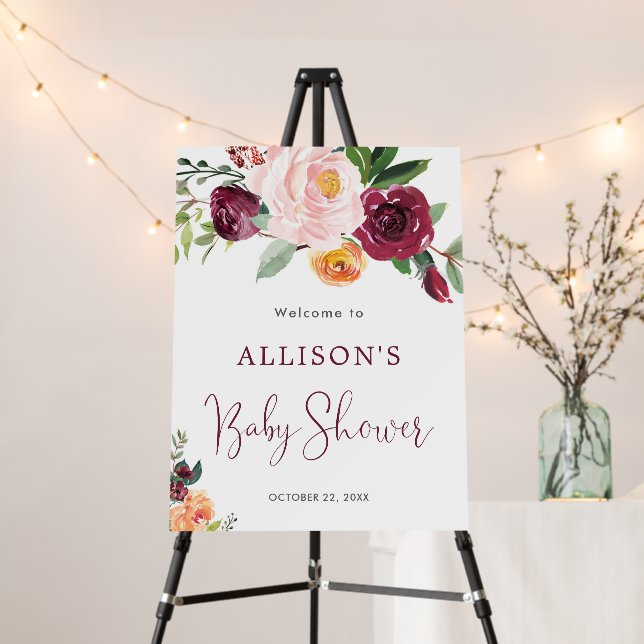 Fall florals burgundy baby shower welcome sign (In Situ (Stand))