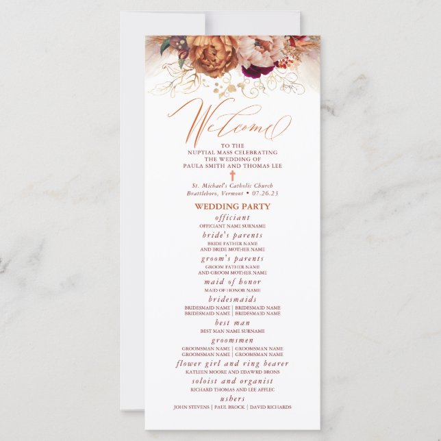 Fall Florals Catholic Wedding Program with Mass  (Front)