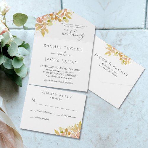 Fall Florals  Eucalyptus Watercolor Wedding All In One Invitation