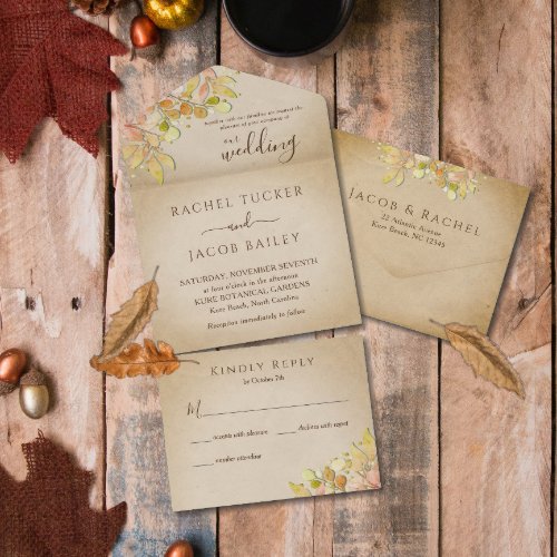Fall Florals Light Kraft Paper Wedding All In One Invitation