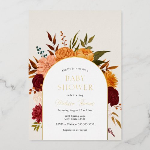 Fall Florals Mums Arch Baby Shower Foil Invitation