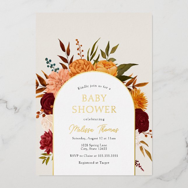 Fall Florals Mums Arch Baby Shower Foil Invitation (Front)
