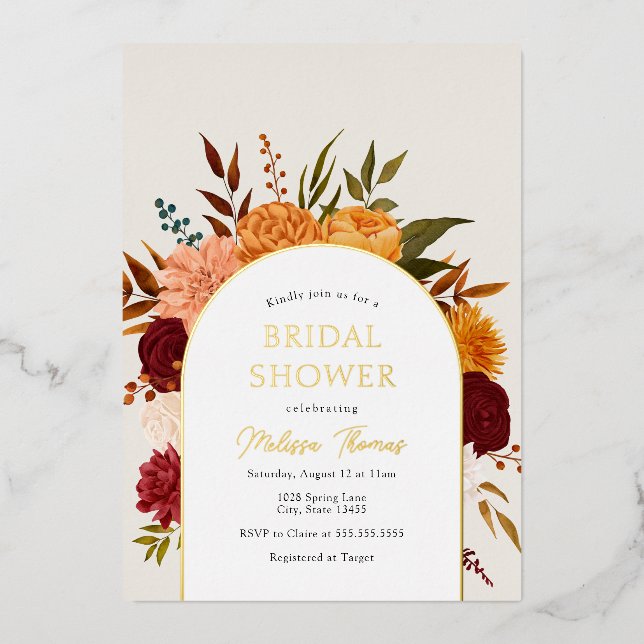 Fall Florals Mums Arch Bridal Shower  Foil Invitation (Front)